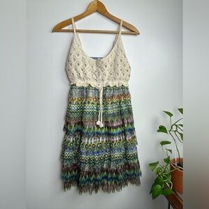 J Gee Peacock Ruffle Sz XL Leyered Crochet Tank Mid Dress Multicolor boho fairy